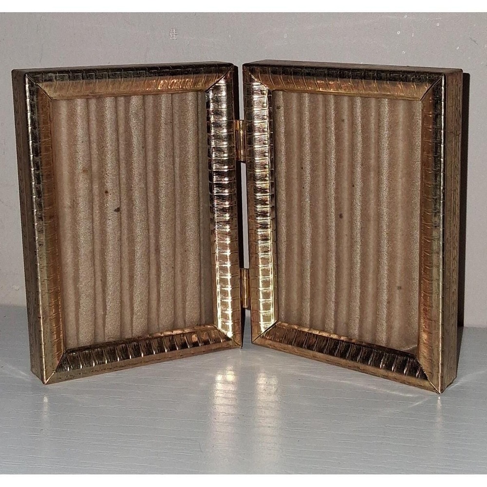 Vintage Hinged Double Picture Frame 2x3 Gold Tone Ornate Folding Frame